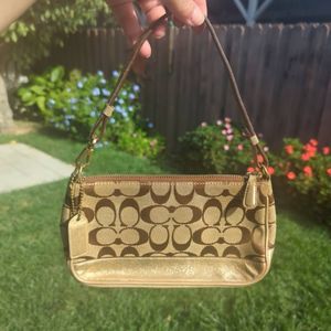 Coach Signature C Baguette Demi Gold Shimmer Suede Shoulder Bag. #1861